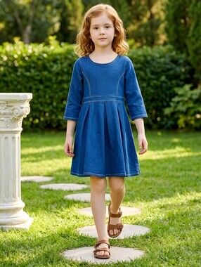 Fabkids Girls Denim Skater Dress Indigo Knit Pink Contrast Back Zip Sz XL EUC